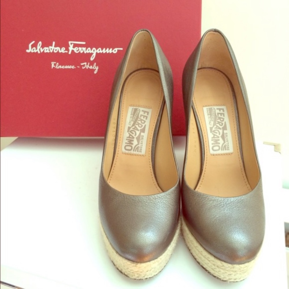 Ferragamo Metallic Leather Espadrille Wedge Pumps